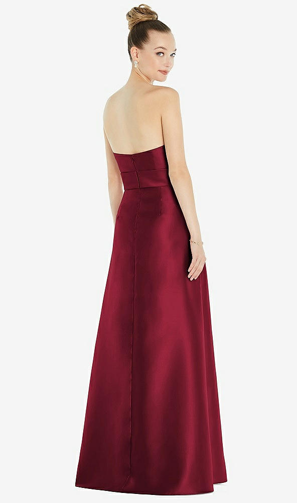 Back View - Burgundy Basque-Neck Strapless Satin Gown with Mini Sash