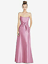 Front View Thumbnail - Powder Pink Basque-Neck Strapless Satin Gown with Mini Sash