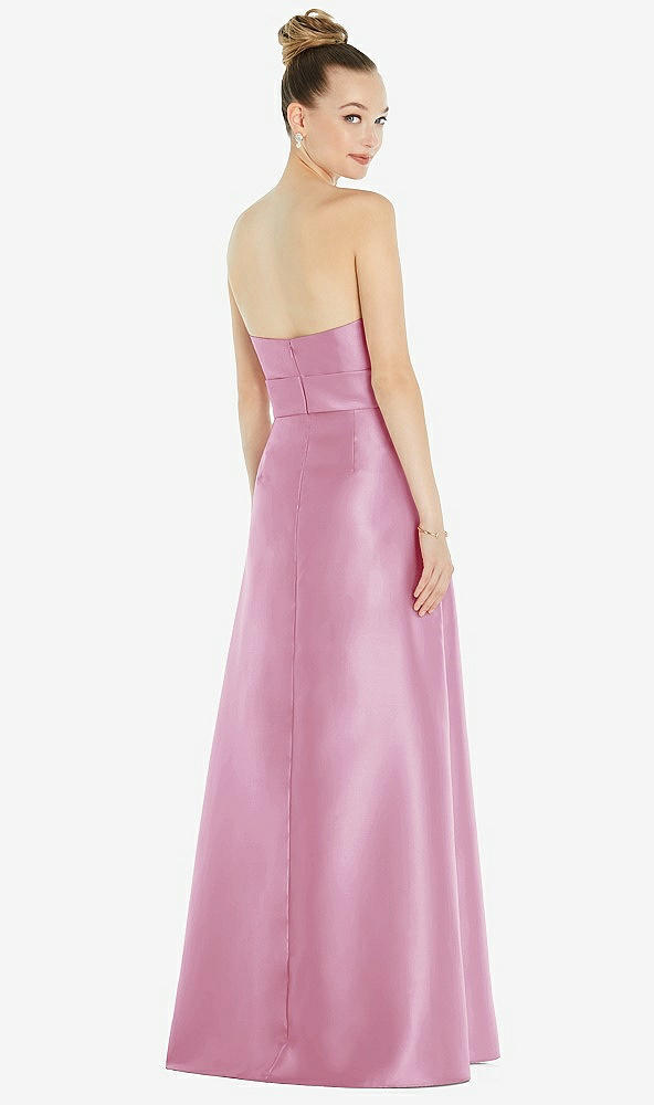 Back View - Powder Pink Basque-Neck Strapless Satin Gown with Mini Sash
