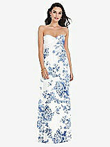 Front View Thumbnail - Cottage Rose Dusk Blue Twist Shirred Strapless Empire Waist Gown with Optional Straps