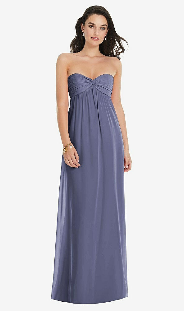 Front View - French Blue Twist Shirred Strapless Empire Waist Gown with Optional Straps