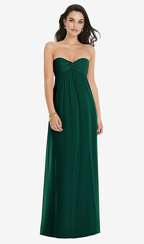 Front View - Hunter Green Twist Shirred Strapless Empire Waist Gown with Optional Straps