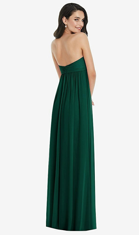 Back View - Hunter Green Twist Shirred Strapless Empire Waist Gown with Optional Straps