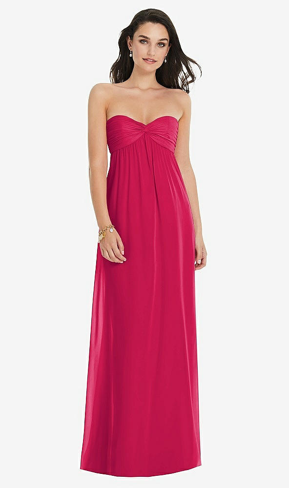 Front View - Vivid Pink Twist Shirred Strapless Empire Waist Gown with Optional Straps