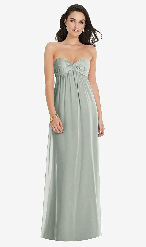 Front View - Willow Green Twist Shirred Strapless Empire Waist Gown with Optional Straps