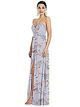 Side View Thumbnail - Butterfly Botanica Silver Dove Adjustable Strap Wrap Bodice Maxi Dress with Front Slit 