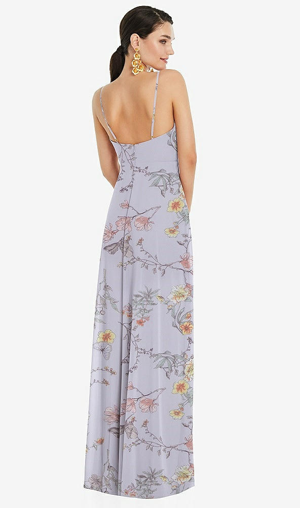 Back View - Butterfly Botanica Silver Dove Adjustable Strap Wrap Bodice Maxi Dress with Front Slit 
