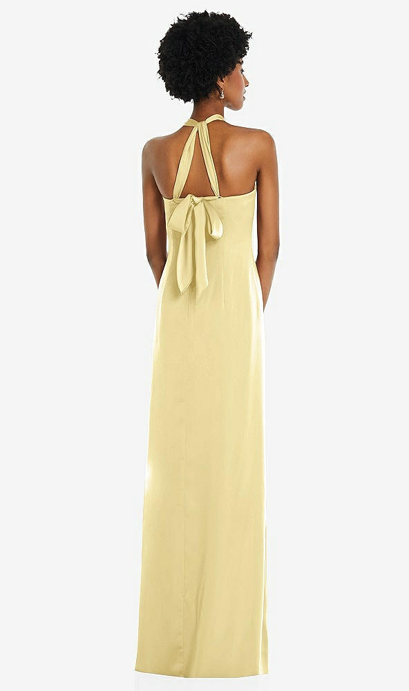 Back View - Pale Yellow Draped Satin Grecian Column Gown with Convertible Straps