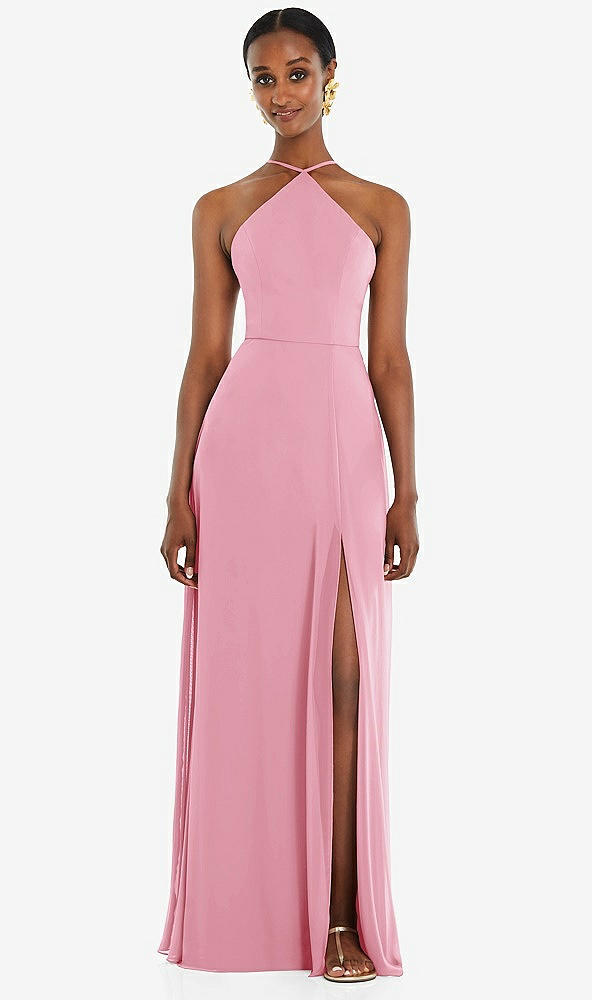 Front View - Peony Pink Diamond Halter Maxi Dress with Adjustable Straps