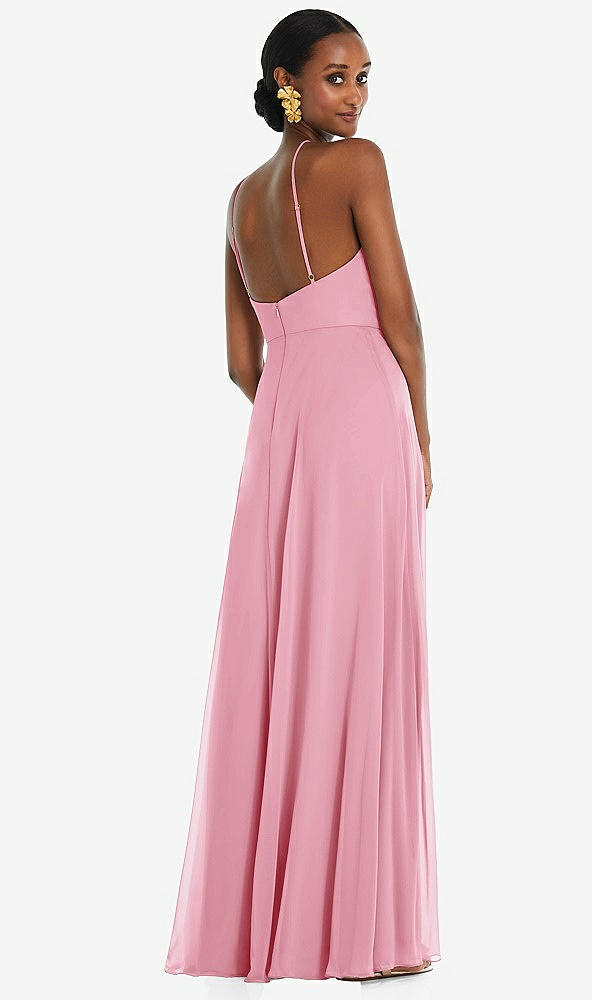 Back View - Peony Pink Diamond Halter Maxi Dress with Adjustable Straps