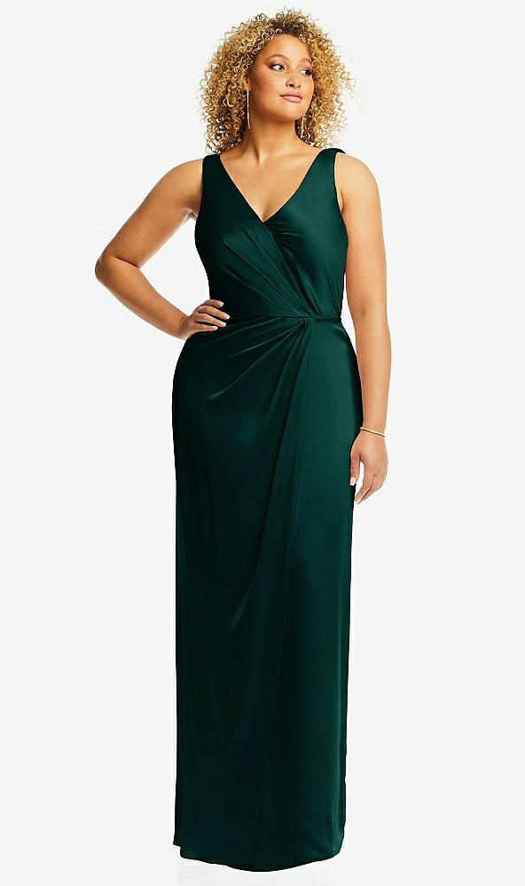 Front View - Evergreen Faux Wrap Whisper Satin Maxi Dress with Draped Tulip Skirt