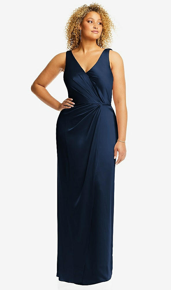 Front View - Midnight Navy Faux Wrap Whisper Satin Maxi Dress with Draped Tulip Skirt