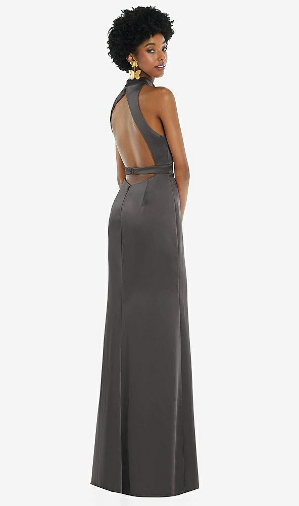 Front View - Caviar Gray High Neck Backless Maxi Dress with Slim Belt