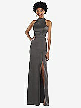 Rear View Thumbnail - Caviar Gray High Neck Backless Maxi Dress with Slim Belt