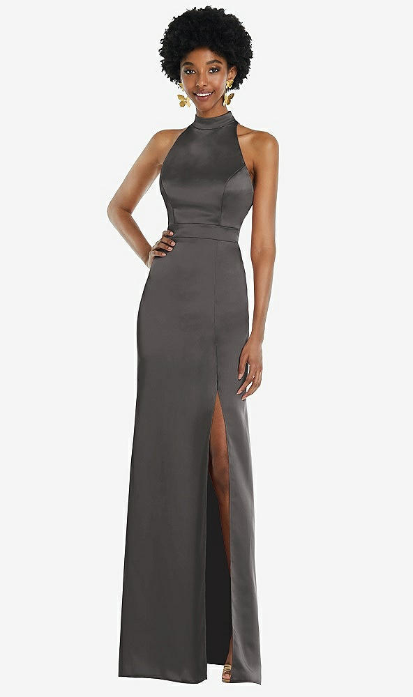 Back View - Caviar Gray High Neck Backless Maxi Dress with Slim Belt