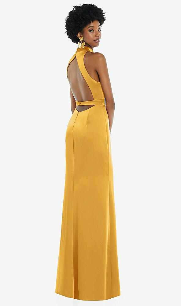 Front View - NYC Yellow High Neck Backless Maxi Dress with Slim Belt