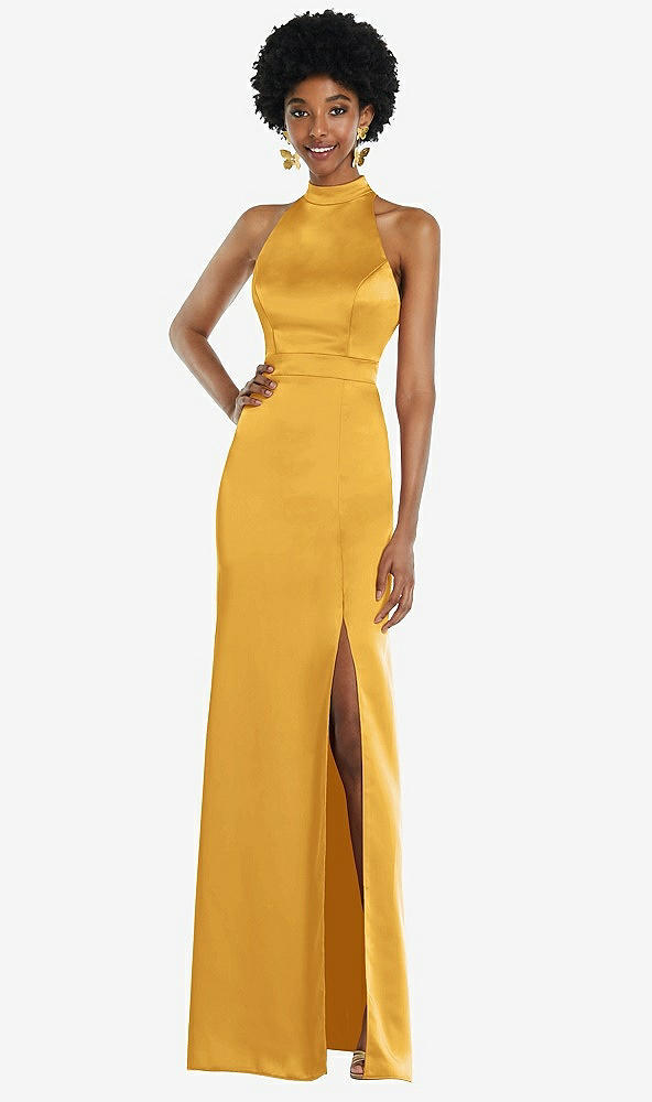 Back View - NYC Yellow High Neck Backless Maxi Dress with Slim Belt