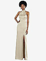 Rear View Thumbnail - Champagne High Neck Backless Maxi Dress with Slim Belt