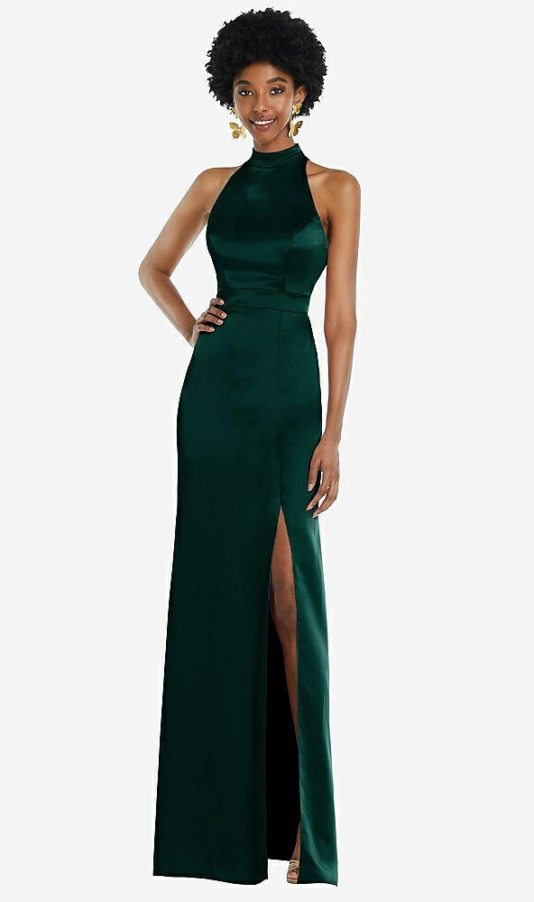 Back View - Evergreen High Neck Backless Maxi Dress with Slim Belt