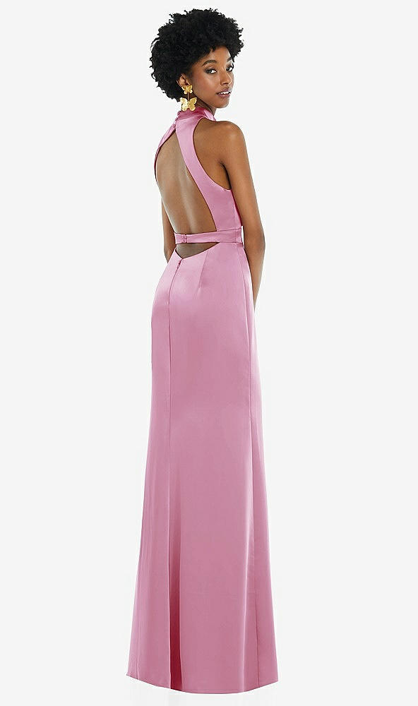 Front View - Powder Pink High Neck Backless Maxi Dress with Slim Belt