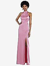 Rear View Thumbnail - Powder Pink High Neck Backless Maxi Dress with Slim Belt