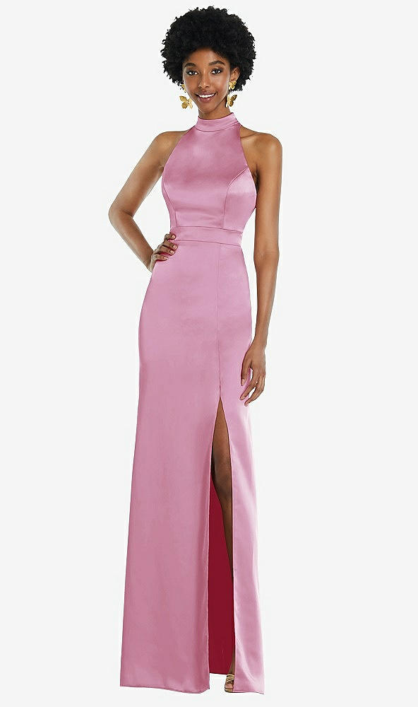 Back View - Powder Pink High Neck Backless Maxi Dress with Slim Belt