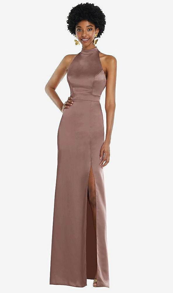 Back View - Sienna High Neck Backless Maxi Dress with Slim Belt