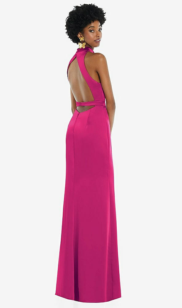 Front View - Think Pink High Neck Backless Maxi Dress with Slim Belt