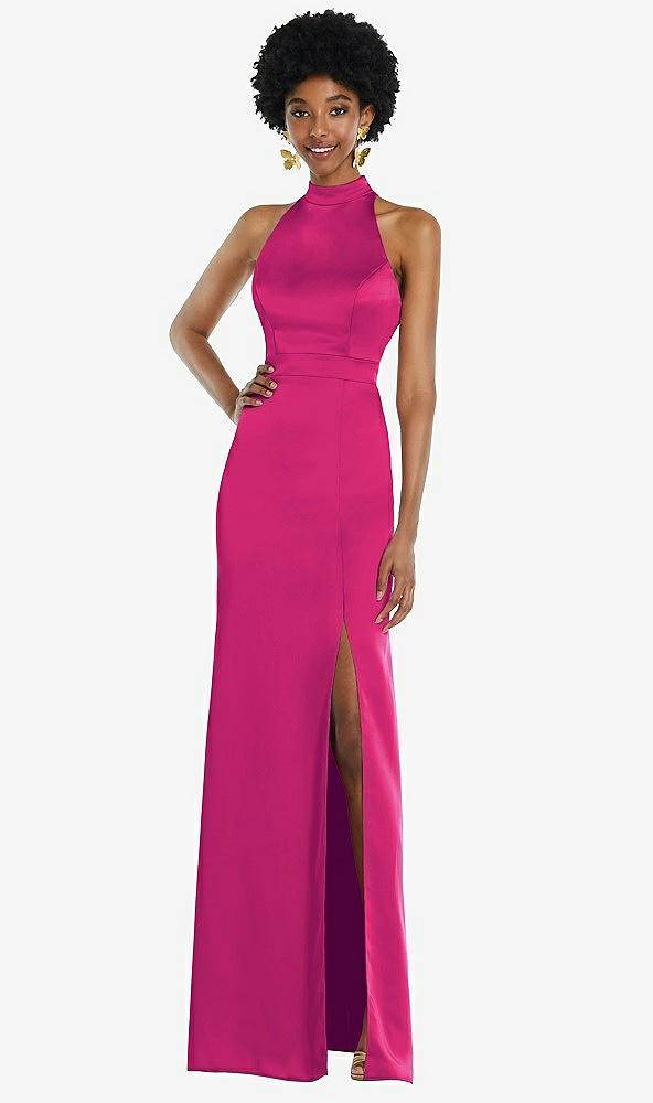 Back View - Think Pink High Neck Backless Maxi Dress with Slim Belt