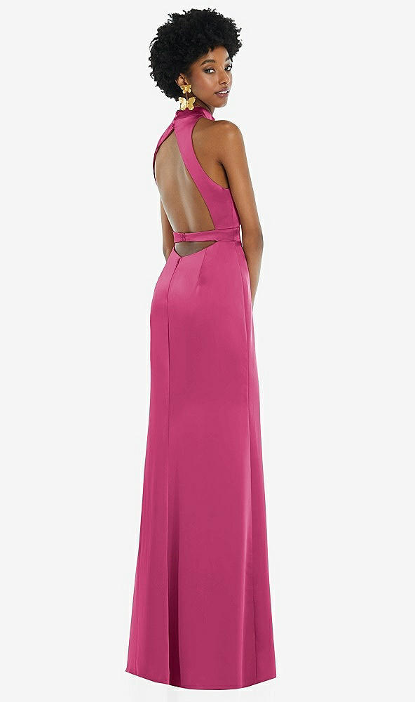 Front View - Tea Rose High Neck Backless Maxi Dress with Slim Belt