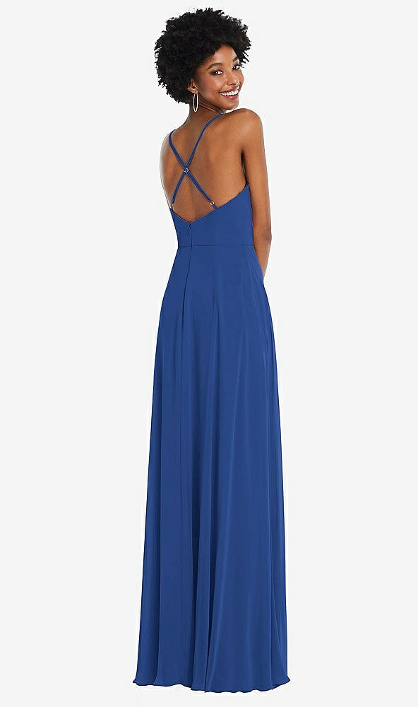 Back View - Classic Blue Faux Wrap Criss Cross Back Maxi Dress with Adjustable Straps
