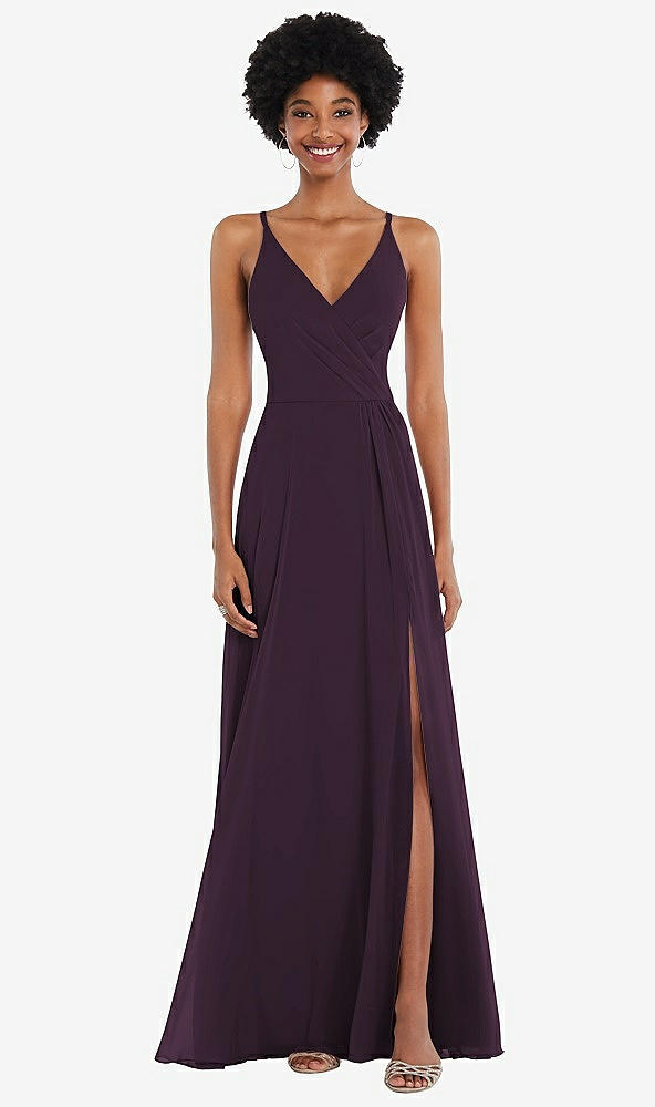 Front View - Aubergine Faux Wrap Criss Cross Back Maxi Dress with Adjustable Straps