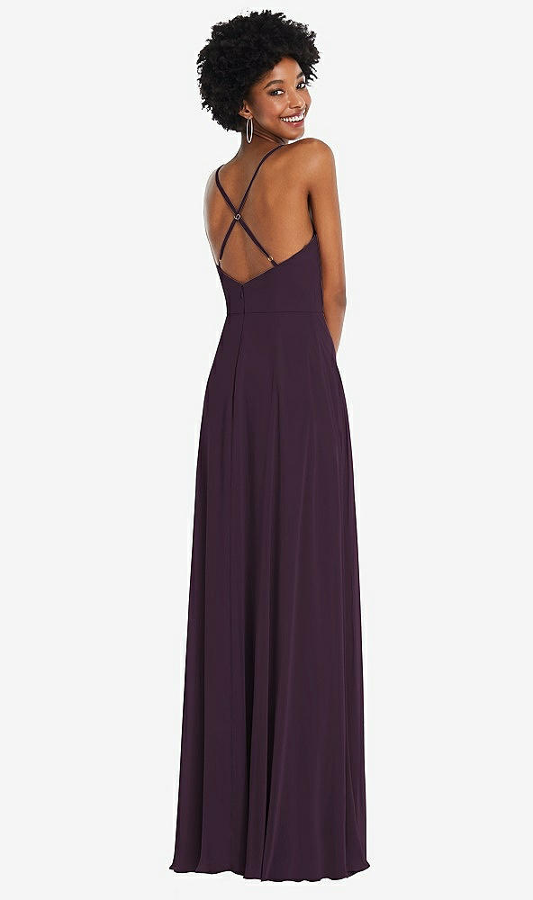Back View - Aubergine Faux Wrap Criss Cross Back Maxi Dress with Adjustable Straps