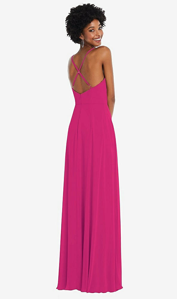 Back View - Think Pink Faux Wrap Criss Cross Back Maxi Dress with Adjustable Straps