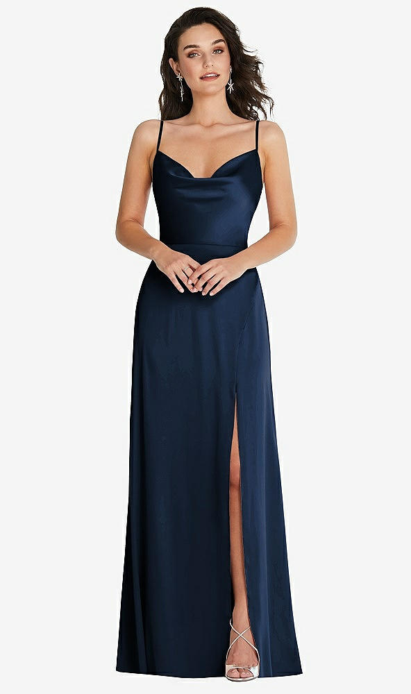 Front View - Midnight Navy Cowl-Neck A-Line Maxi Dress with Adjustable Straps