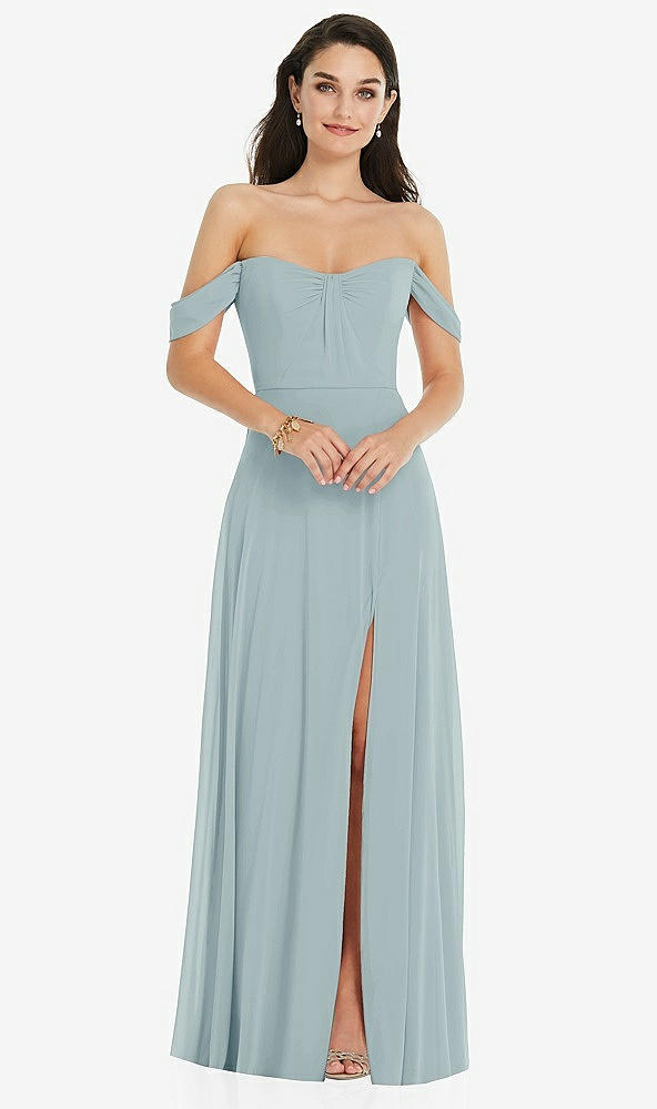 Front View - Morning Sky Off-the-Shoulder Draped Sleeve Maxi Dress with Front Slit