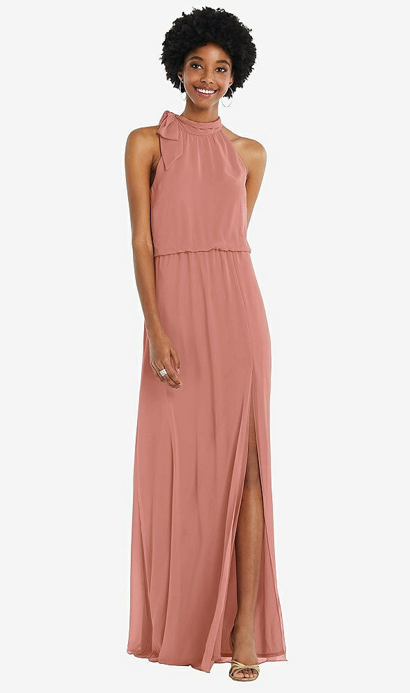 Front View - Desert Rose Scarf Tie High Neck Blouson Bodice Maxi Dress with Front Slit