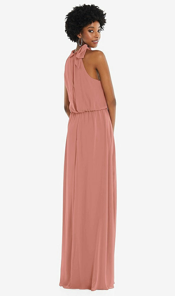 Back View - Desert Rose Scarf Tie High Neck Blouson Bodice Maxi Dress with Front Slit
