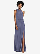Front View Thumbnail - French Blue Scarf Tie High Neck Blouson Bodice Maxi Dress with Front Slit