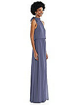 Side View Thumbnail - French Blue Scarf Tie High Neck Blouson Bodice Maxi Dress with Front Slit