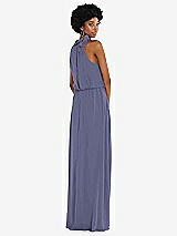 Rear View Thumbnail - French Blue Scarf Tie High Neck Blouson Bodice Maxi Dress with Front Slit