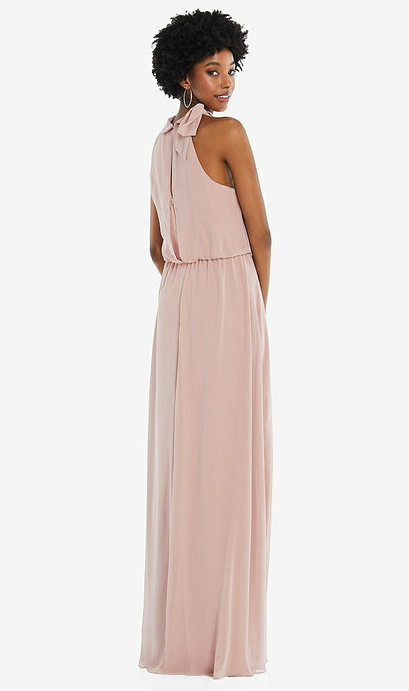 Back View - French Blue Scarf Tie High Neck Blouson Bodice Maxi Dress with Front Slit