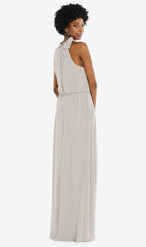 Back View - Oyster Scarf Tie High Neck Blouson Bodice Maxi Dress with Front Slit
