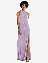 Front View Thumbnail - Pale Purple Scarf Tie High Neck Blouson Bodice Maxi Dress with Front Slit