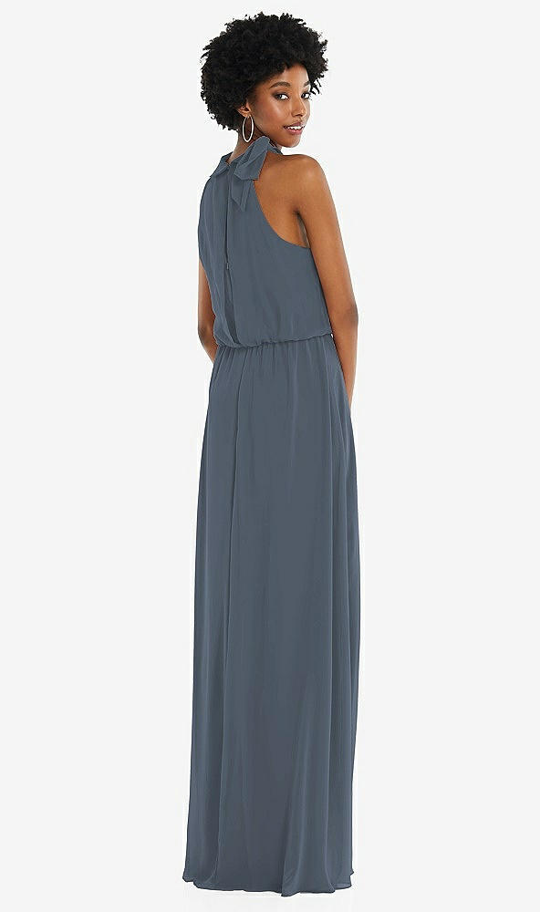 Back View - Silverstone Scarf Tie High Neck Blouson Bodice Maxi Dress with Front Slit
