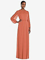 Front View Thumbnail - Terracotta Copper Strapless Chiffon Maxi Dress with Puff Sleeve Blouson Overlay 