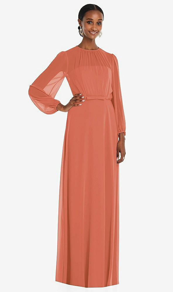 Front View - Terracotta Copper Strapless Chiffon Maxi Dress with Puff Sleeve Blouson Overlay 
