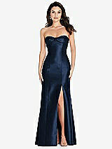 Front View Thumbnail - Midnight Navy Bow Cuff Strapless Princess Waist Trumpet Gown