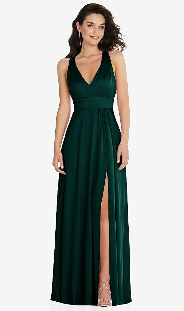 Front View - Evergreen Shirred Shoulder Criss Cross Back Maxi Dress with Front Slit