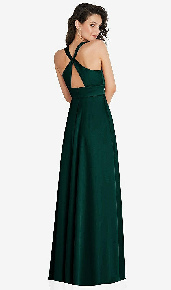 Back View - Evergreen Shirred Shoulder Criss Cross Back Maxi Dress with Front Slit